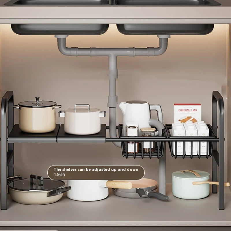 Kitchen Under Sink Adjustable Pot Rack Multifunctional Dish Pans Snacks Cookware Storage Rack Countertop Cabinet Storage Basket