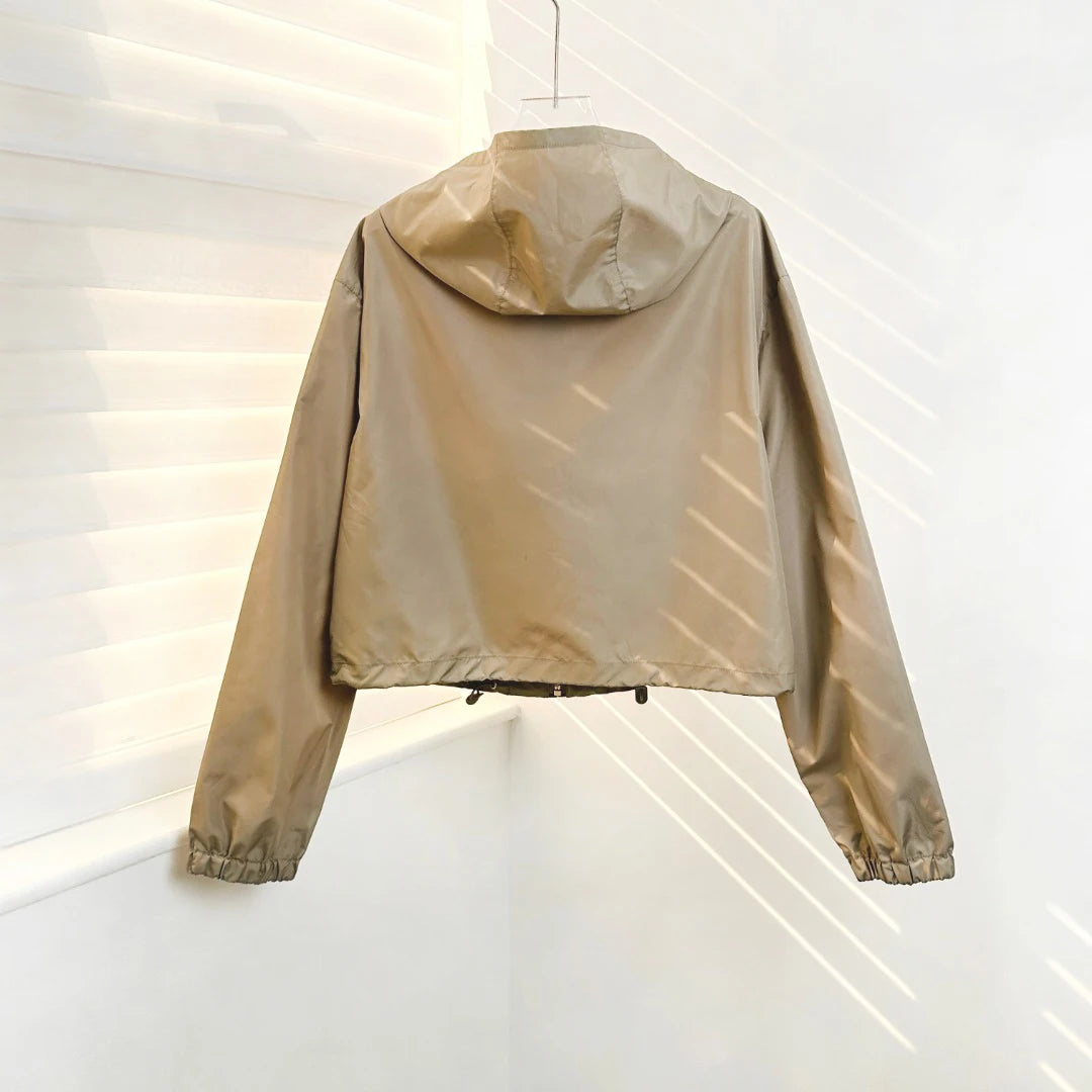 25 summer new high-end quality women's hooded fashionable temperament solid color long sleeved zipper women's jacket