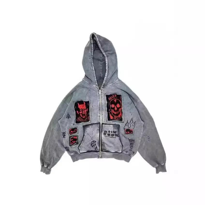 hoodiey2k Women's sweatshirtsHoodie Sweatshirt Men's Hip Hop Letter Vintage Skull Pattern Print Oversized Hoodie Jacket