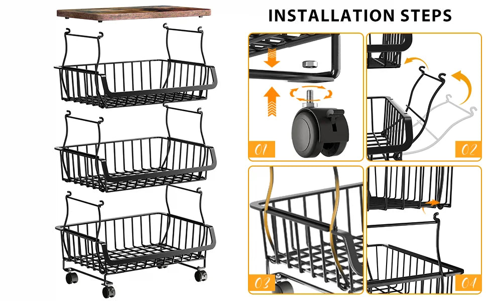 Fruit Vegetable Basket for Kitchen, Stackable Fruit Vegetable Storage Baskets with Wheels, Metal Wire Storage Basket