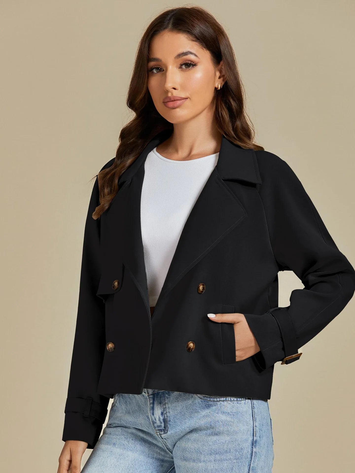 luvamia Cropped Trench Coat for Women Long Sleeve Double Breasted Notched Lapel Casual Loose Fit Jackets with Pockets Jacket