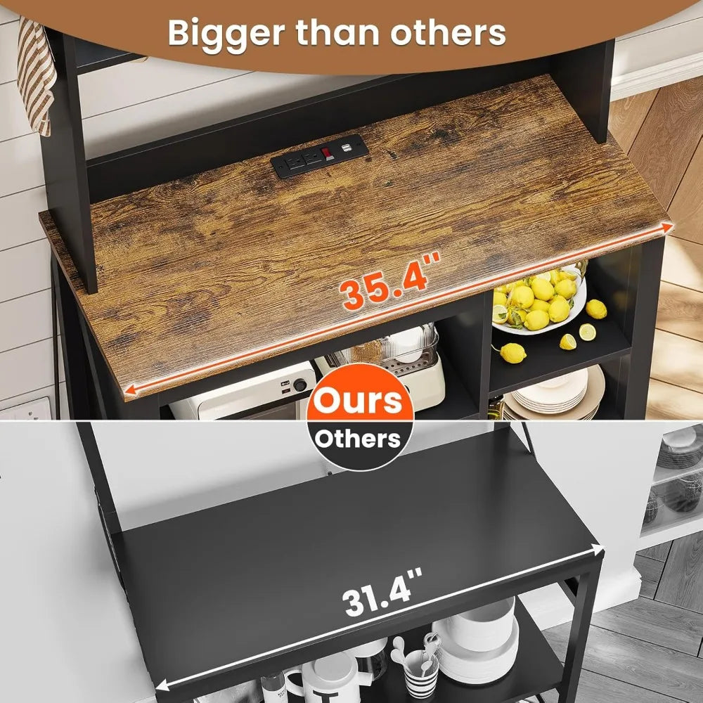 35.4 inch Coffee Bar Cabinet, Bakers Rack with Power Outlet and Storage, LED Lights, Wine Glass Holder and 8 Hooks,