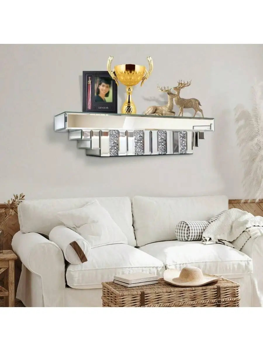 Mirrored Floating Shelf for Wall Silver Mirror Crushed Diamond Decorative Shelf for Home Decoration Crystal Diamond Art