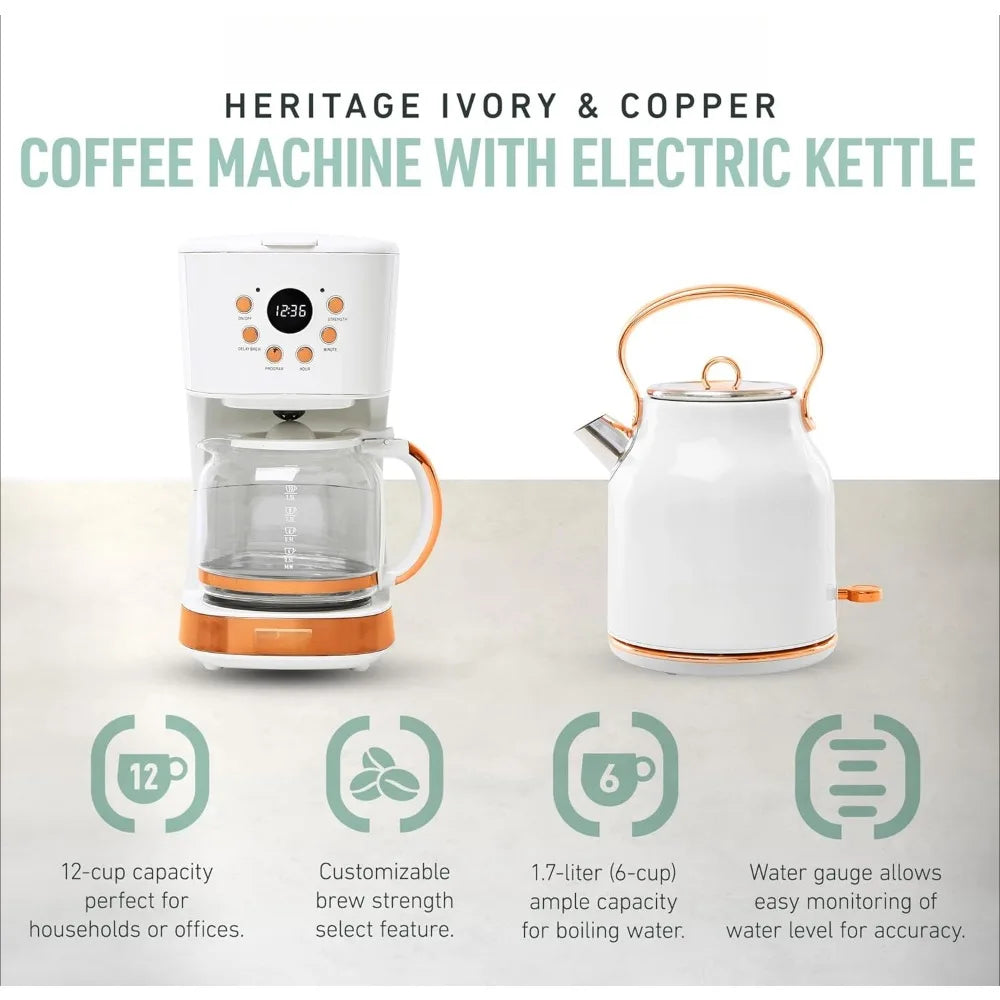 Coffee Machine, 12 Cup Drip Coffee Maker Bundled with Heritage 1.7 Liter Stainless Steel Electric Kettle, Ivory & Copper