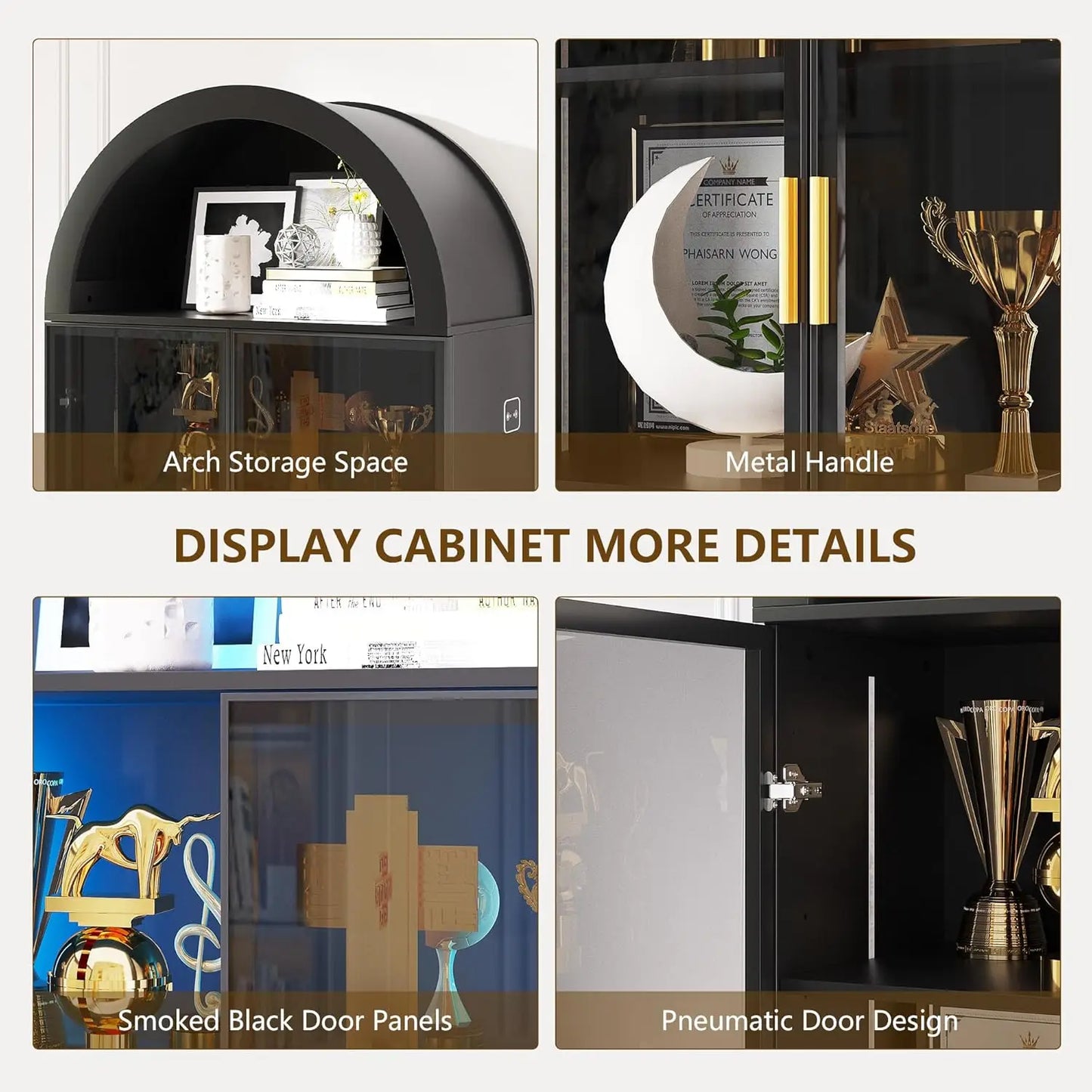 Display Cabinet with Doors and Adjustable Shelves, 76" Tall Display Case with LED Lights/Arch