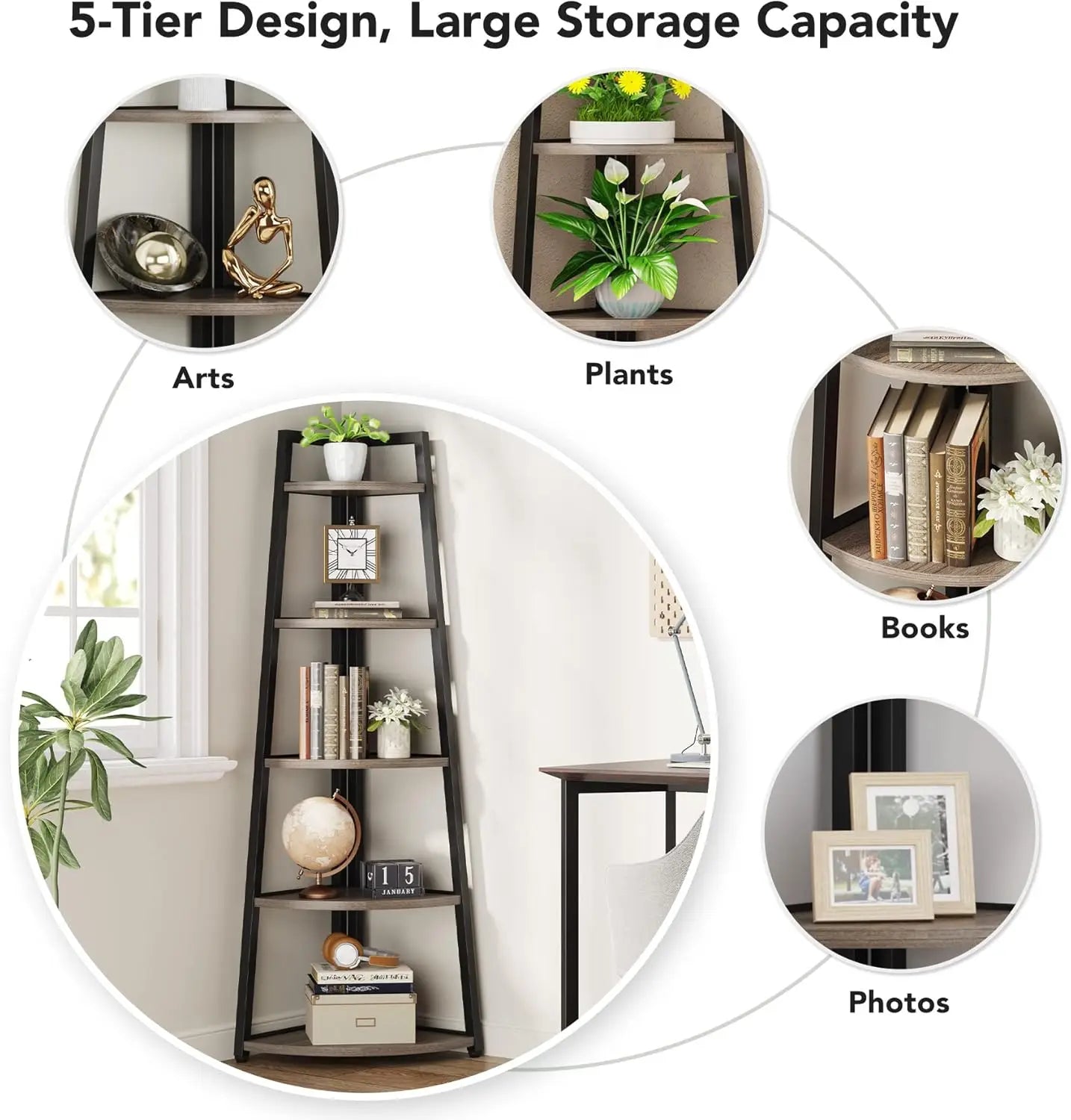 5 Tier Industrial Corner Bookshelf Bookcase Industrial Corner Ladder Shelf Plant Stand for Living Room, Kitchen, Home Office