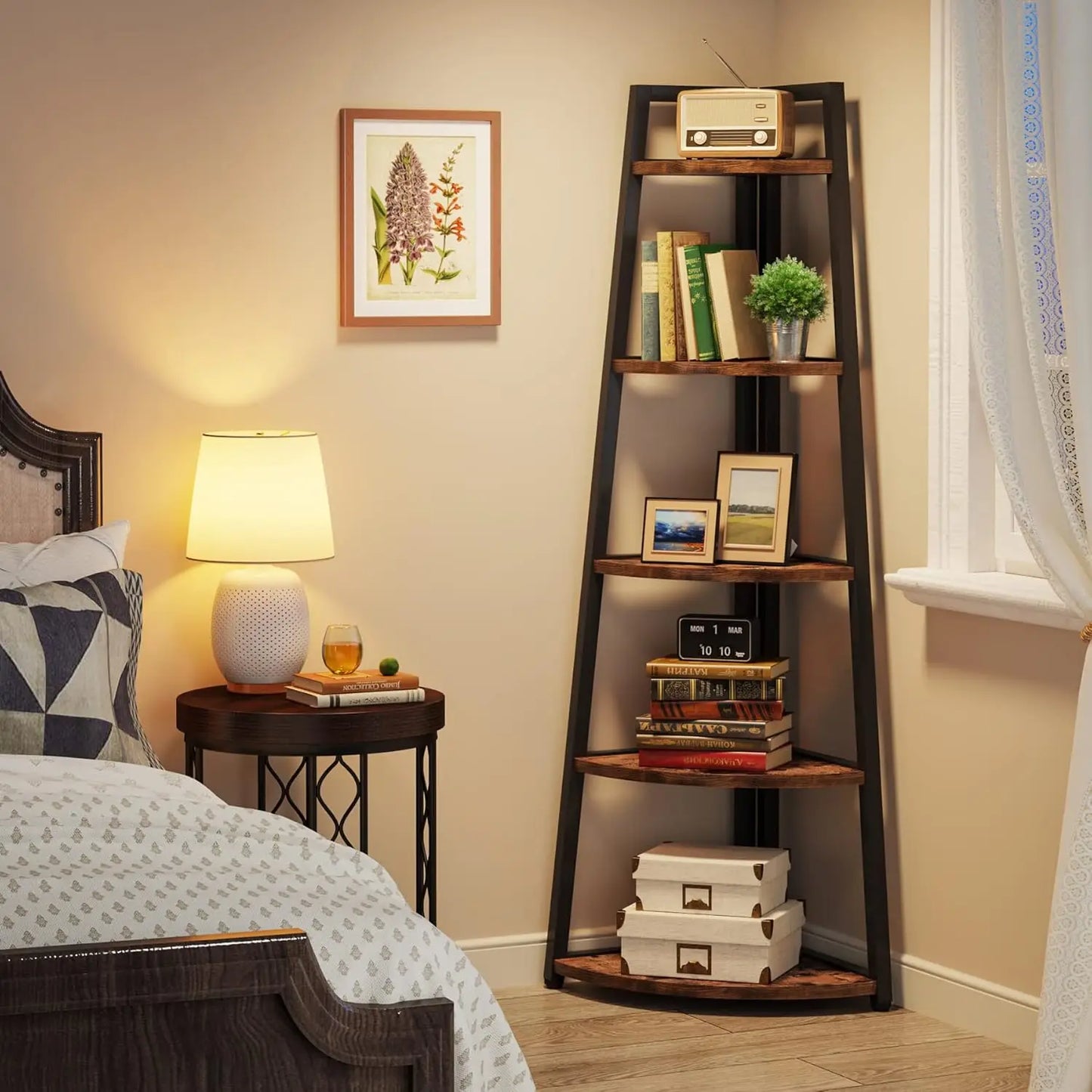 5 Tier Industrial Corner Bookshelf Bookcase Industrial Corner Ladder Shelf Plant Stand for Living Room, Kitchen, Home Office