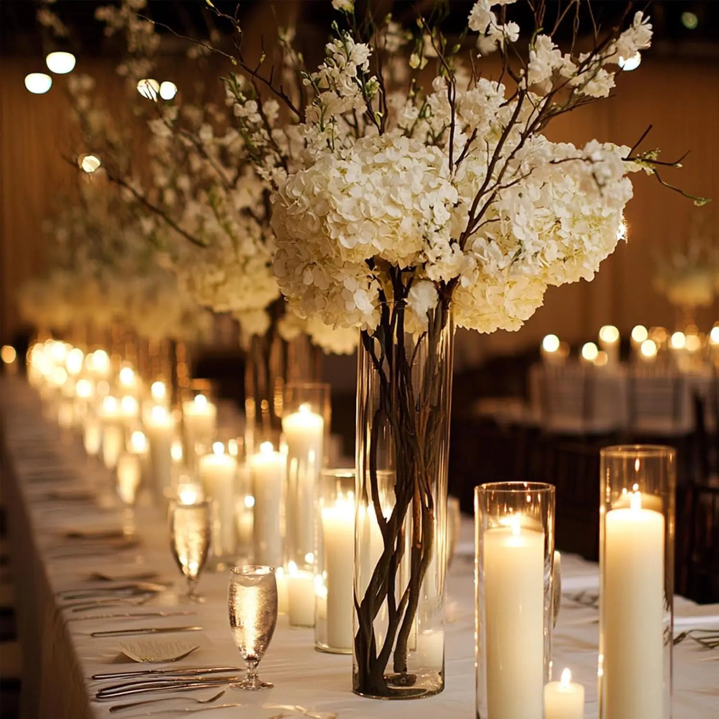 White Pillar Candles with Glass Cylinder Vases Clear Hurricane Glass Candle Holders for Centerpieces for Weddings Parties Decor