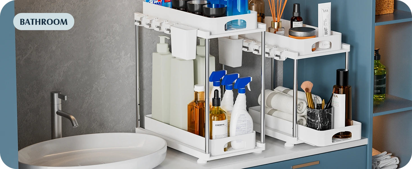 2 Pack Under Sink Organizers and Storage, Double Sliding Kitchen Cabinet Organizer,2 Tier Height Adjustable Countertop Organizer