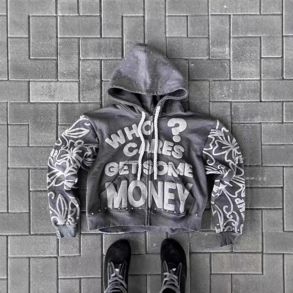Y2K Zip Hoodie New American Hip Hop Casual Fashion Alphabet Design Vintage Hooded Long Sleeve Sports Hood Men Women Street Wear