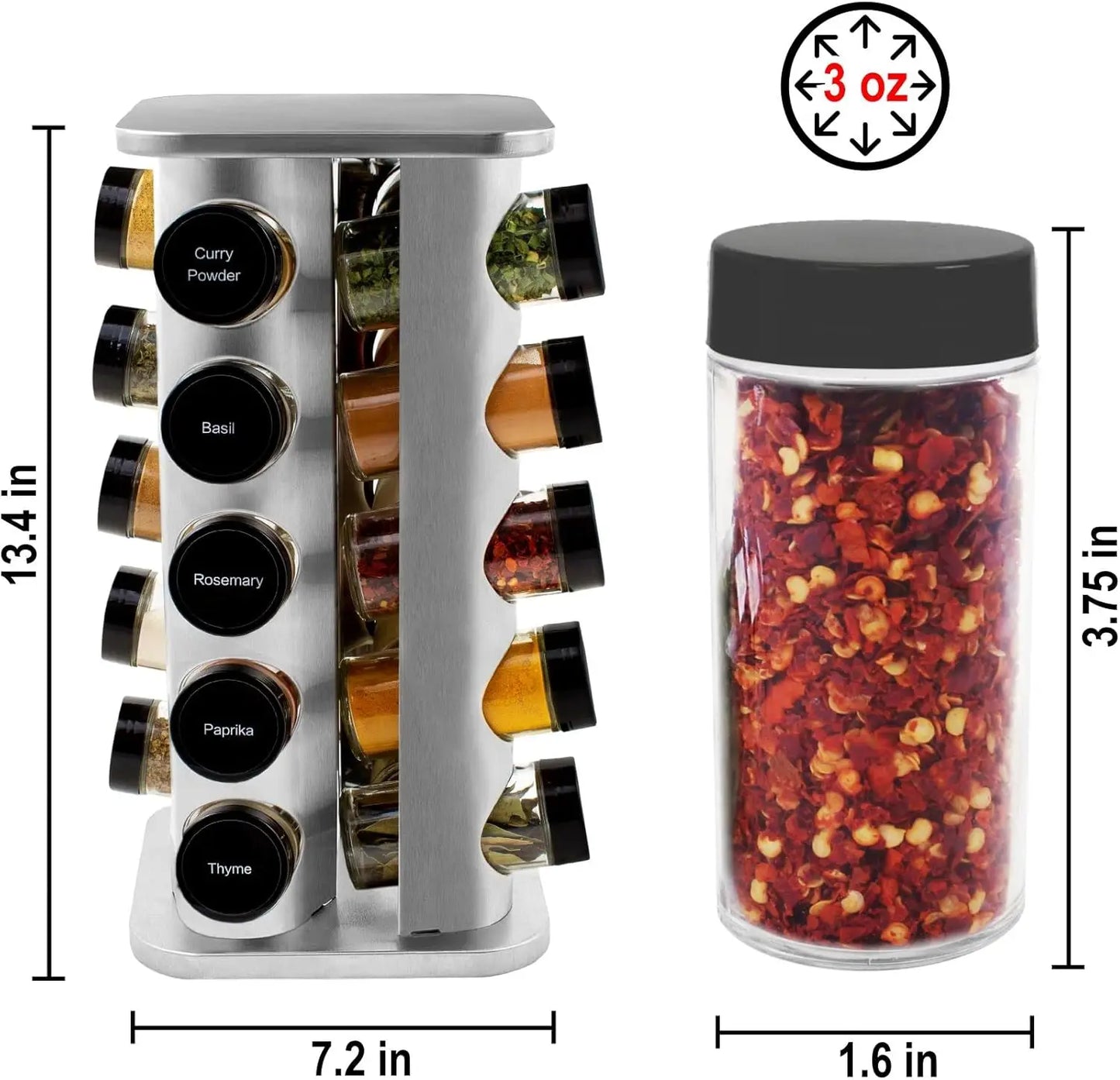 Jar Spice Rack with Spices Included - Revolving Tower Organizer for Kitchen Spices and Seasonings, (Stainless Steel)