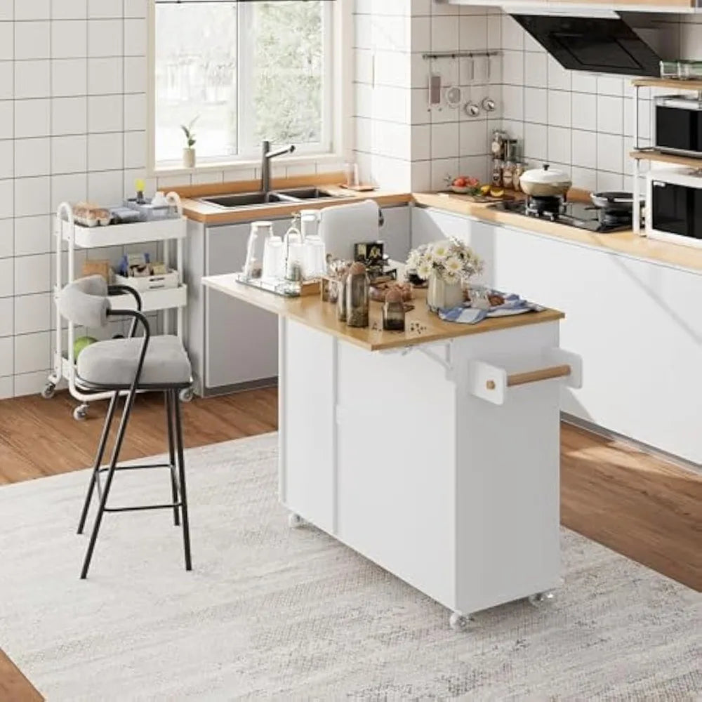 Kitchen Island with Storage, Island Table on Wheels with Drop Leaf, Spice Rack, Drawer, Towel Rack, Rolling Kitchen Island Cart