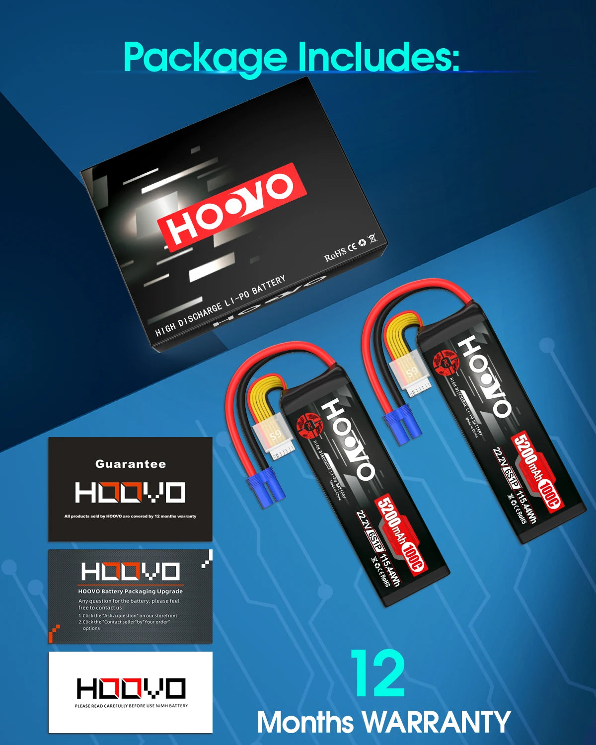 HOOVO 2Pcs 6S Lipo Battery 22.2V 100C 5200mAh with EC5 Connector for RC Car Truck Truggy Buggy Tank RC Airplane Helicopter Boat