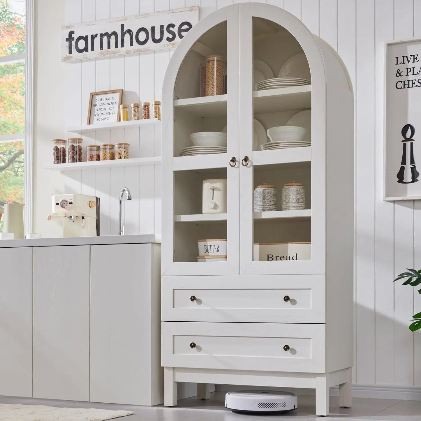 Wood Kitchen Storage Cabinets with 2 Large Drawers and Adjustable Shelves, Modern Farmhouse Versatile Cupboard for Kitchen