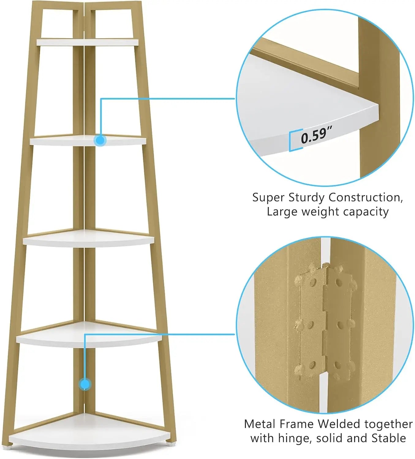 5 Tier Industrial Corner Bookshelf Bookcase Industrial Corner Ladder Shelf Plant Stand for Living Room, Kitchen, Home Office