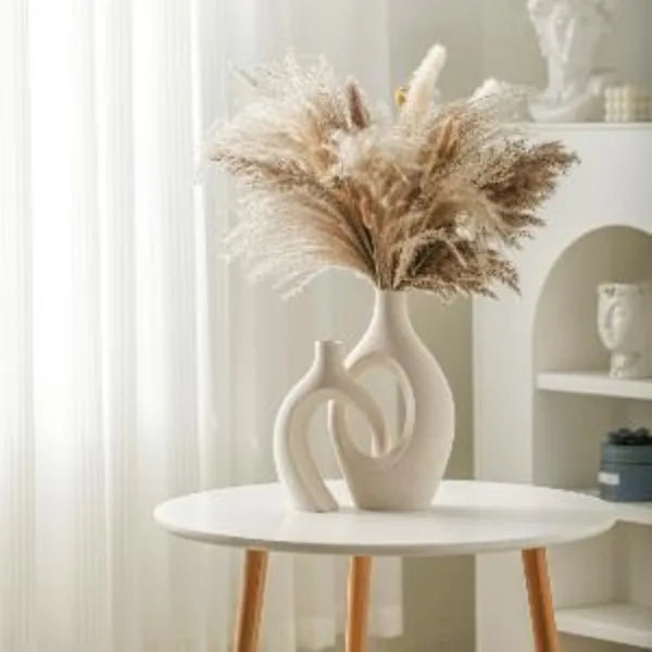 Snuggle Hollow Ceramic Vase Set of 2, Boho ins Style Nordic Mid Century Modern Aesthetic Decorative Vase(Cream W 6.8" X H 11")