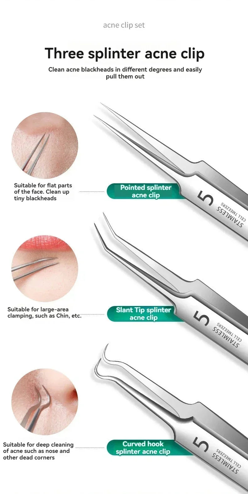 1/3/8PCS Stainless Steel Acne Clip Cell Clip Blackhead Clips Acne Remover Acne Needle Pore Cleaner Beauty Salon Skin Care Tools