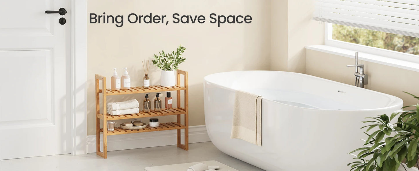 Bamboo Bathroom Shelf, 3-Tier Adjustable Plants Rack, Wall-Mounted or Stand, in the Living Room, Balcony, Kitchen