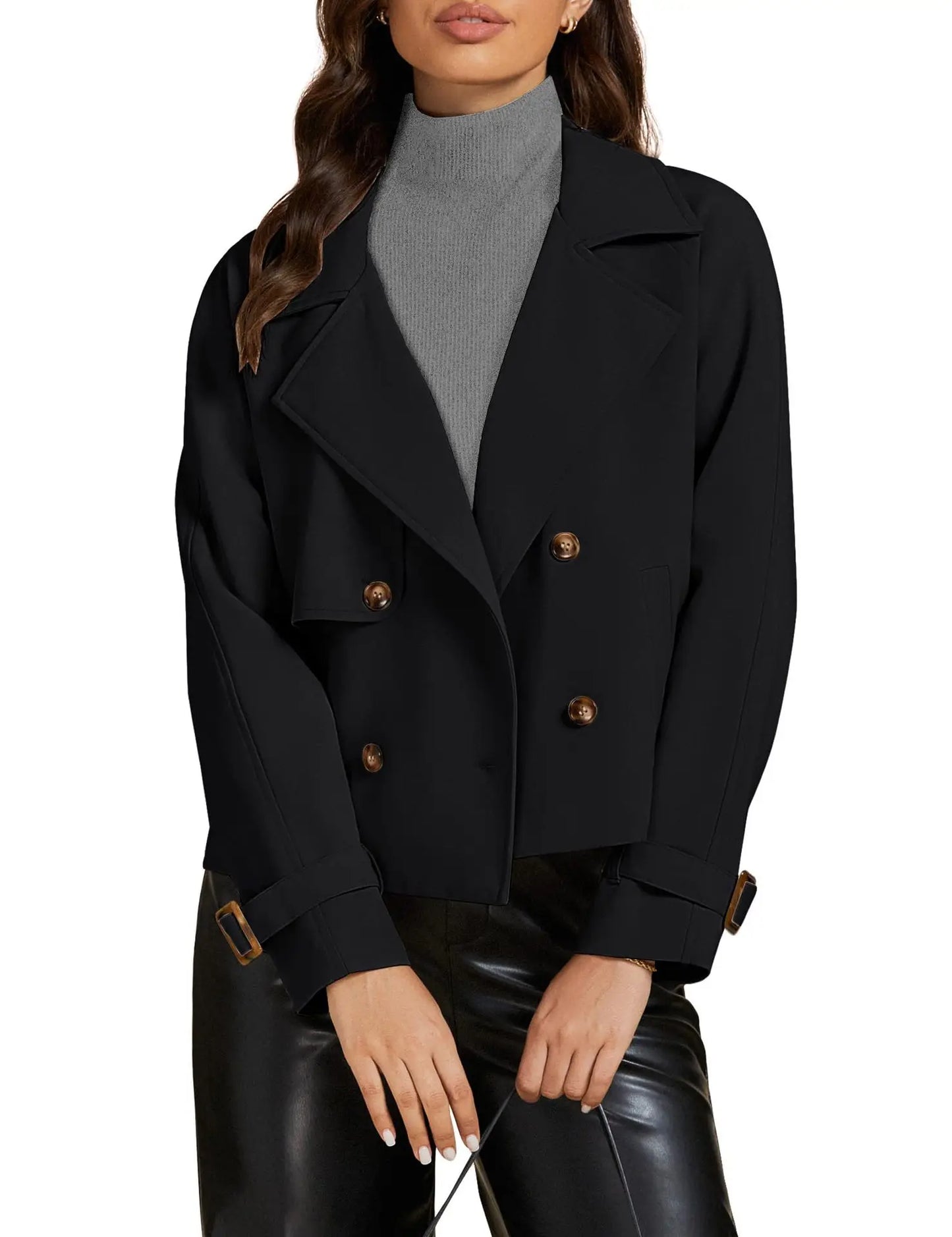 luvamia Cropped Trench Coat for Women Long Sleeve Double Breasted Notched Lapel Casual Loose Fit Jackets with Pockets Jacket
