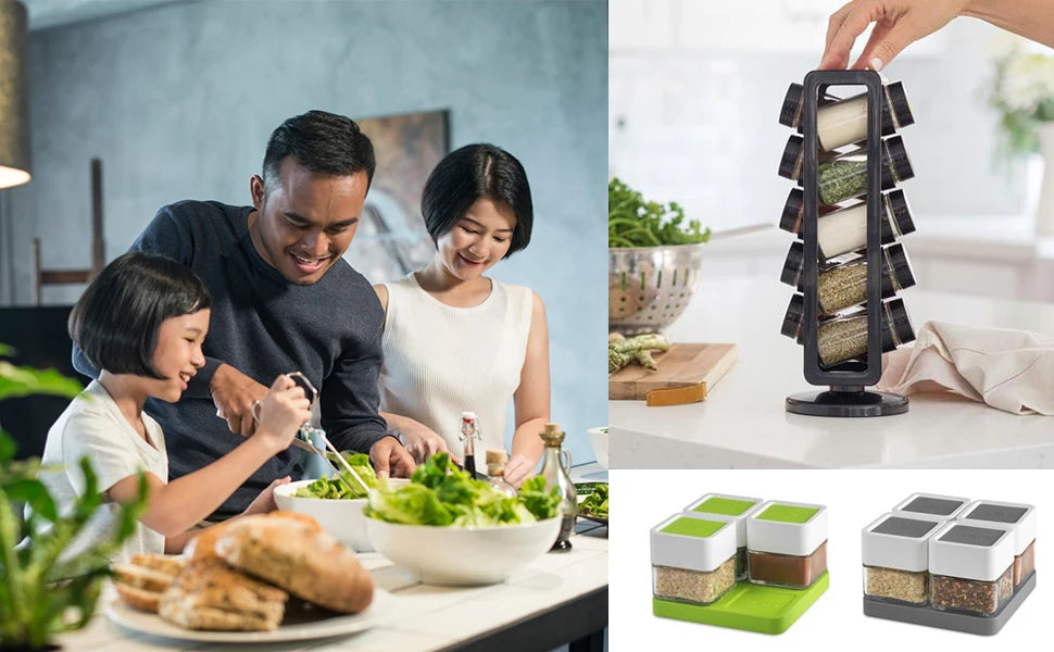 Jar Spice Rack with Spices Included - Revolving Tower Organizer for Kitchen Spices and Seasonings, (Stainless Steel)