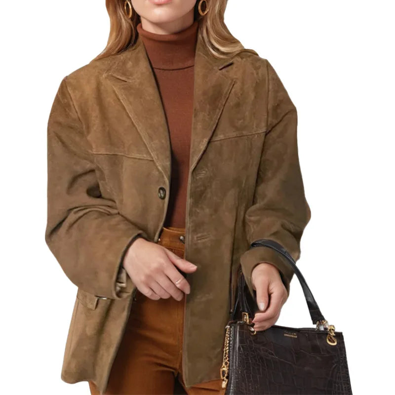 2025 Casual Brown Lapel Pocket Suede Leather Jacket Fashion Woman Single Button Long Sleeve Crop Coat Lady Autumn Street Outwear