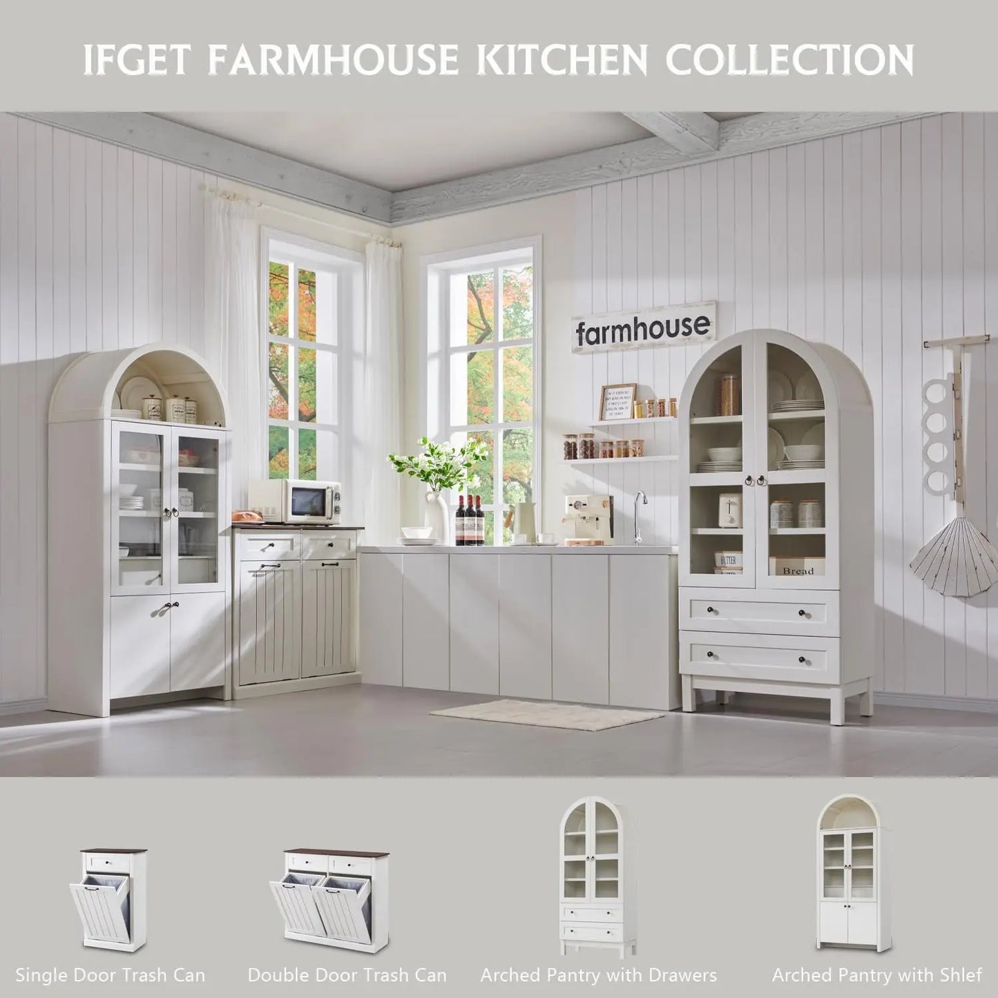 Wood Kitchen Storage Cabinets with 2 Large Drawers and Adjustable Shelves, Modern Farmhouse Versatile Cupboard for Kitchen