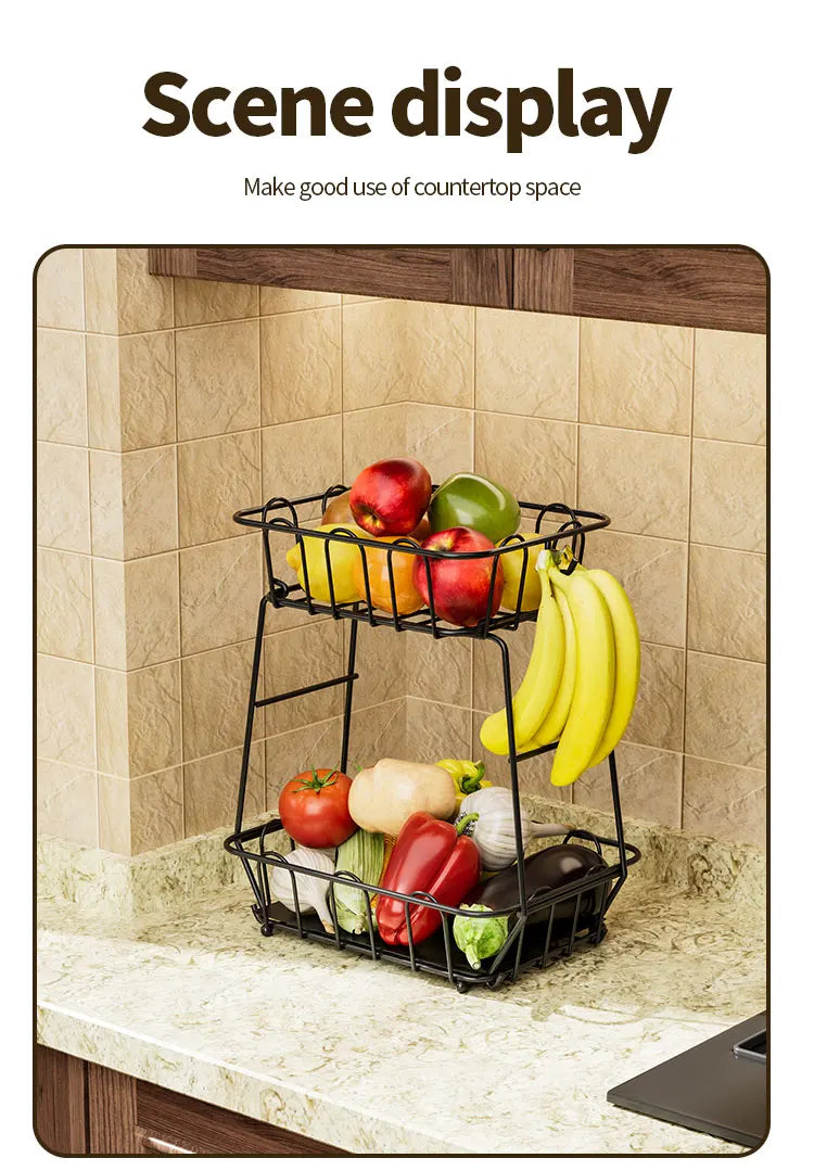 Fruit Basket,Metal Wire Storage Basket With Hooks,Saving Storage Rack,Stylish Kitchen Organizer In Space - Display Stand