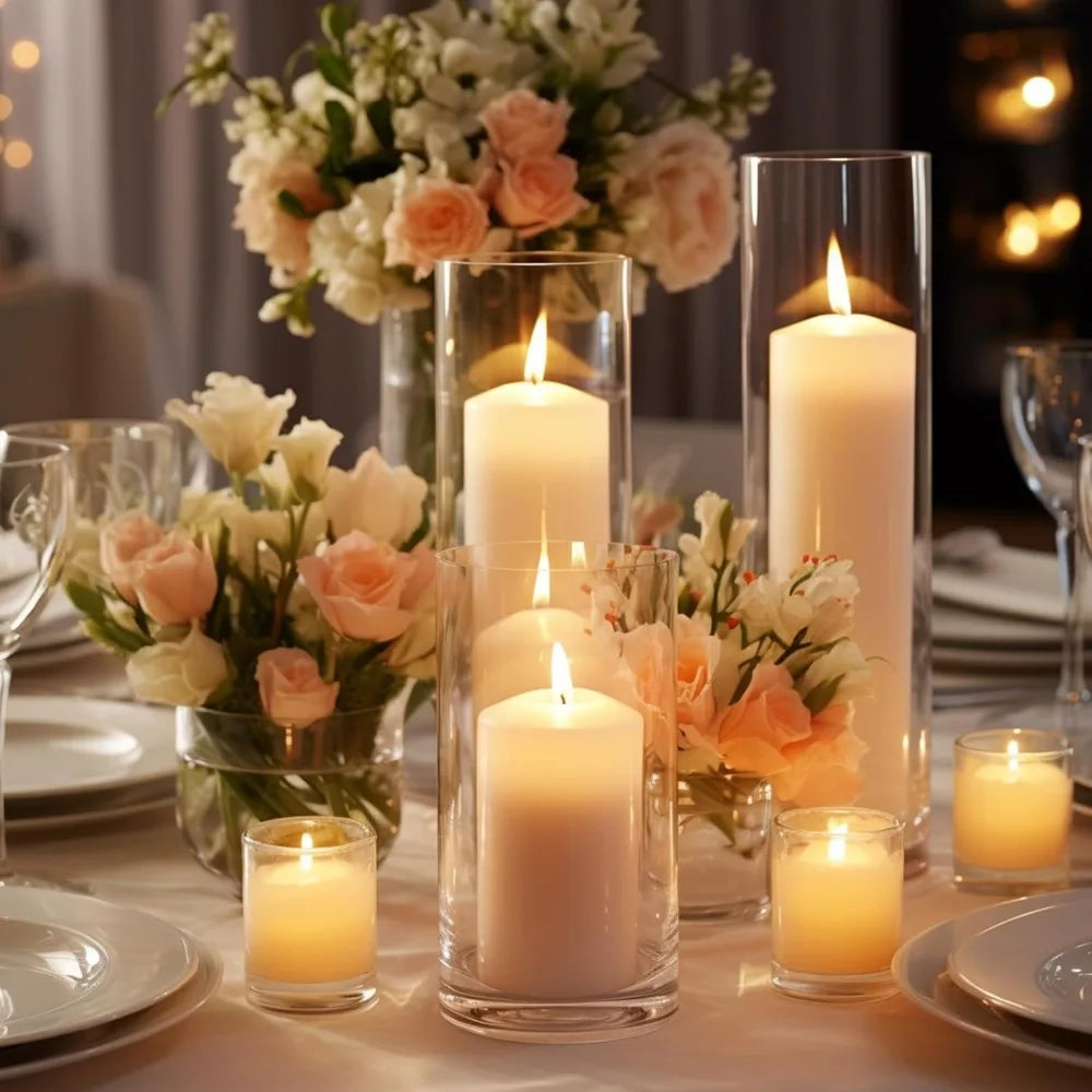 White Pillar Candles with Glass Cylinder Vases Clear Hurricane Glass Candle Holders for Centerpieces for Weddings Parties Decor