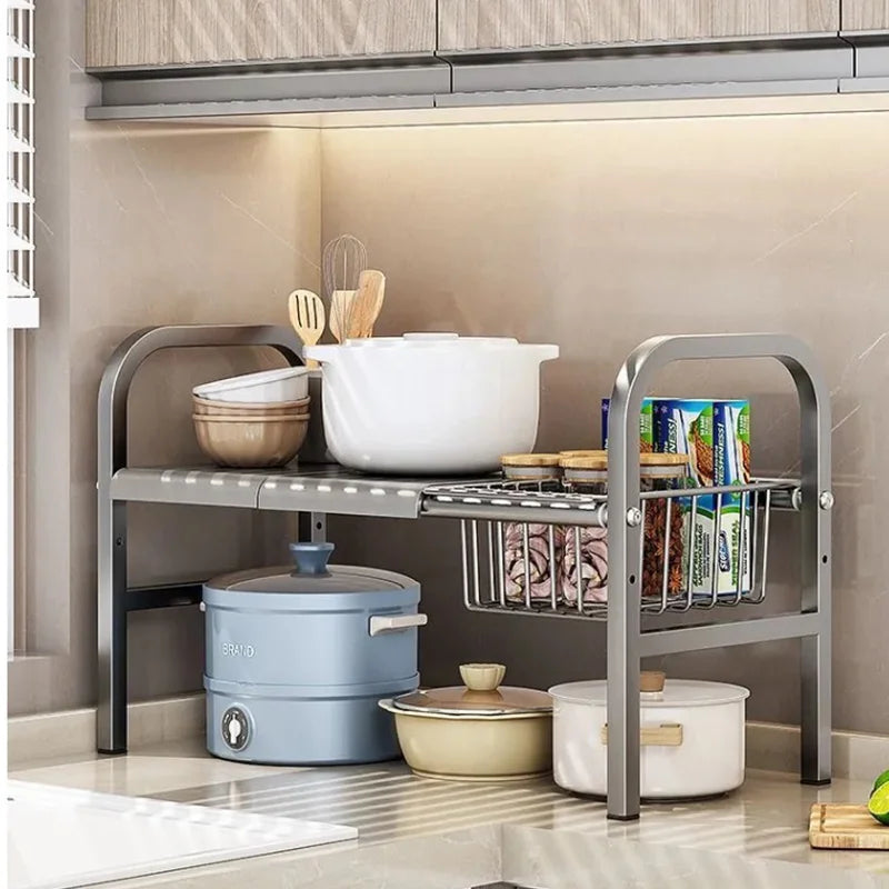 Kitchen Under Sink Adjustable Pot Rack Multifunctional Dish Pans Snacks Cookware Storage Rack Countertop Cabinet Storage Basket