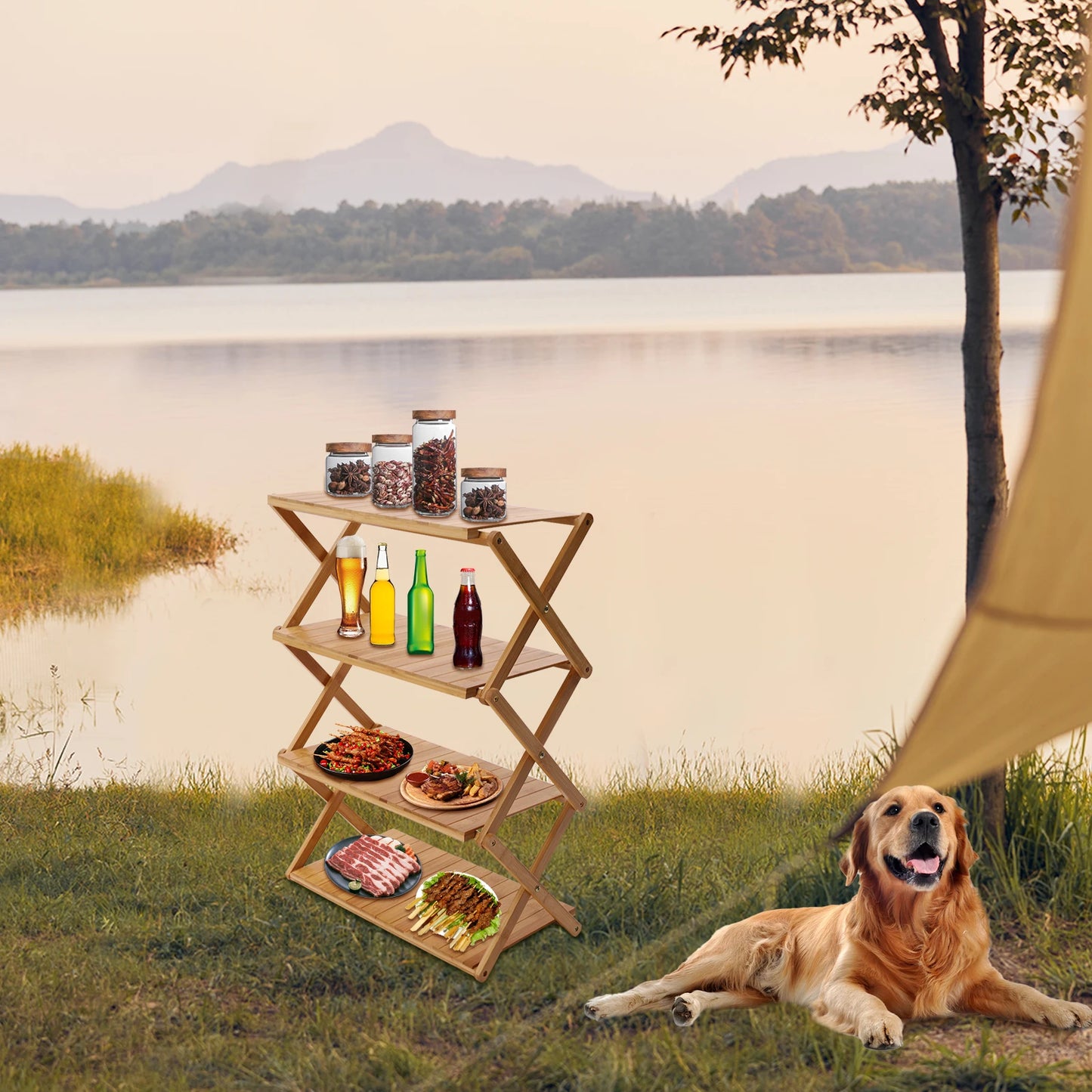 4-Tier Foldable Outdoor Picnic Table, Portable Bamboo Outdoor Shelf for Outdoor Kitchen, RV for Picnic, BBQ (One Second Expand)