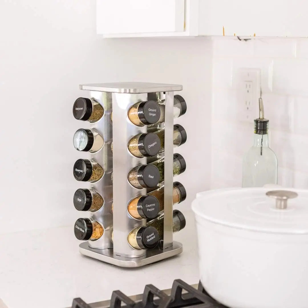 Jar Spice Rack with Spices Included - Revolving Tower Organizer for Kitchen Spices and Seasonings, (Stainless Steel)