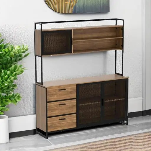 Modern Wood Sideboard Buffet Storage Cabinet with Hutch, 3 Metal Mesh Doors, 3 Drawers & Shelves, Kitchen Pantry