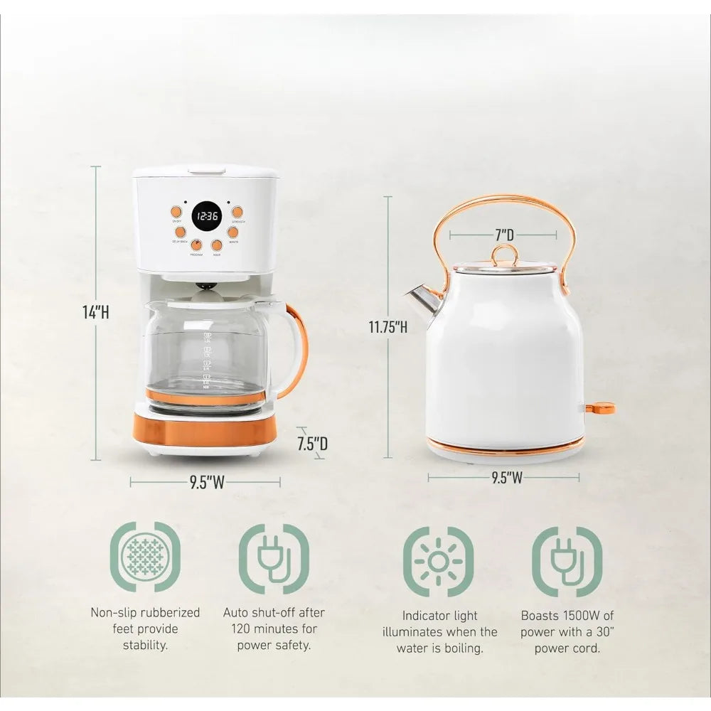 Coffee Machine, 12 Cup Drip Coffee Maker Bundled with Heritage 1.7 Liter Stainless Steel Electric Kettle, Ivory & Copper