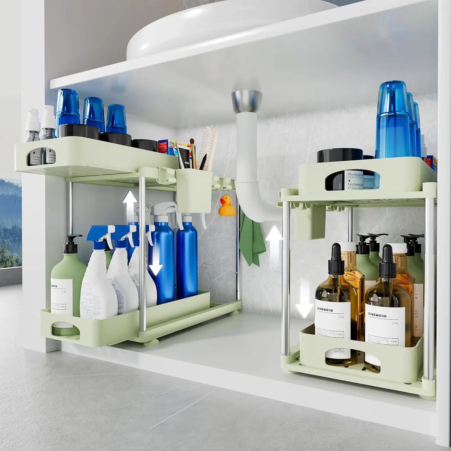 2 Pack Under Sink Organizers and Storage, Double Sliding Kitchen Cabinet Organizer,2 Tier Height Adjustable Countertop Organizer