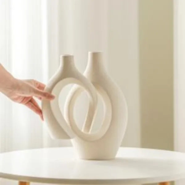 Snuggle Hollow Ceramic Vase Set of 2, Boho ins Style Nordic Mid Century Modern Aesthetic Decorative Vase(Cream W 6.8" X H 11")