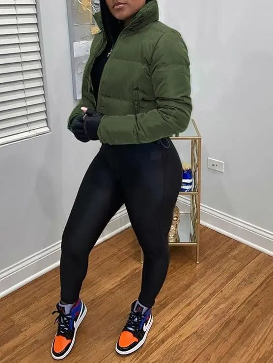 Women's Winter Cropped Puffer Jacket Long Sleeve Full Zip Lightweight Warm Quilted Down Coats