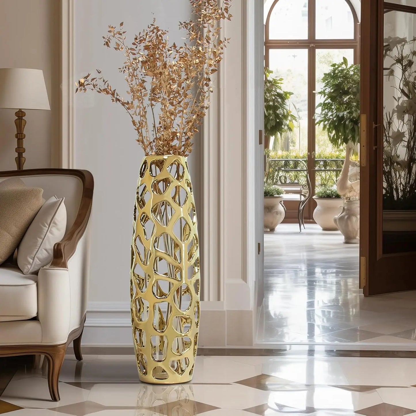 Handmade carved ceramic floor vases, exquisite containers for decorating tree branches and drying flowers