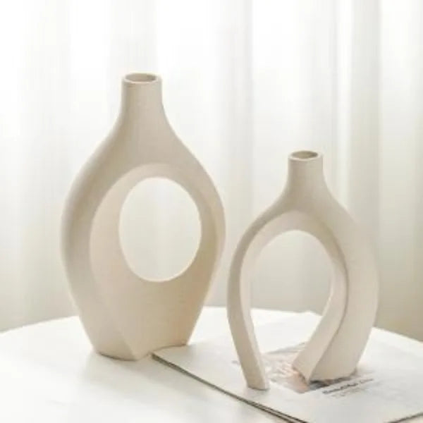 Snuggle Hollow Ceramic Vase Set of 2, Boho ins Style Nordic Mid Century Modern Aesthetic Decorative Vase(Cream W 6.8" X H 11")
