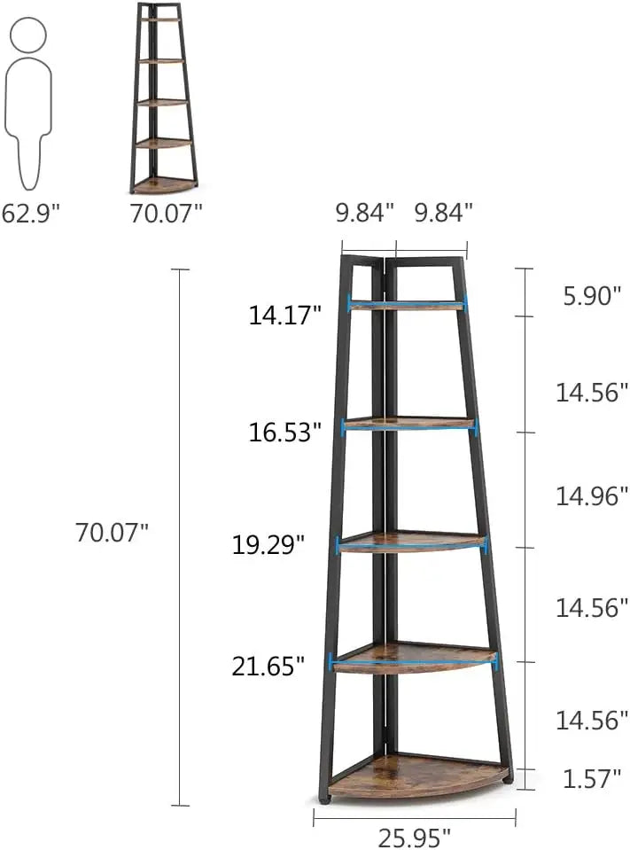 5 Tier Industrial Corner Bookshelf Bookcase Industrial Corner Ladder Shelf Plant Stand for Living Room, Kitchen, Home Office