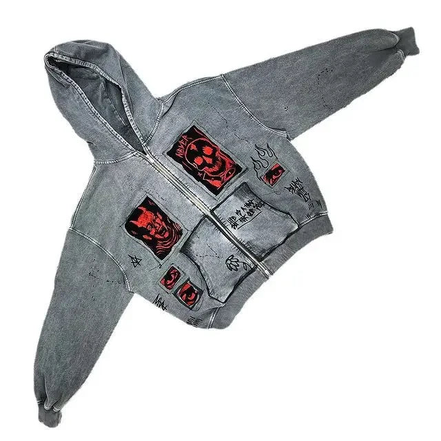 hoodiey2k Women's sweatshirtsHoodie Sweatshirt Men's Hip Hop Letter Vintage Skull Pattern Print Oversized Hoodie Jacket