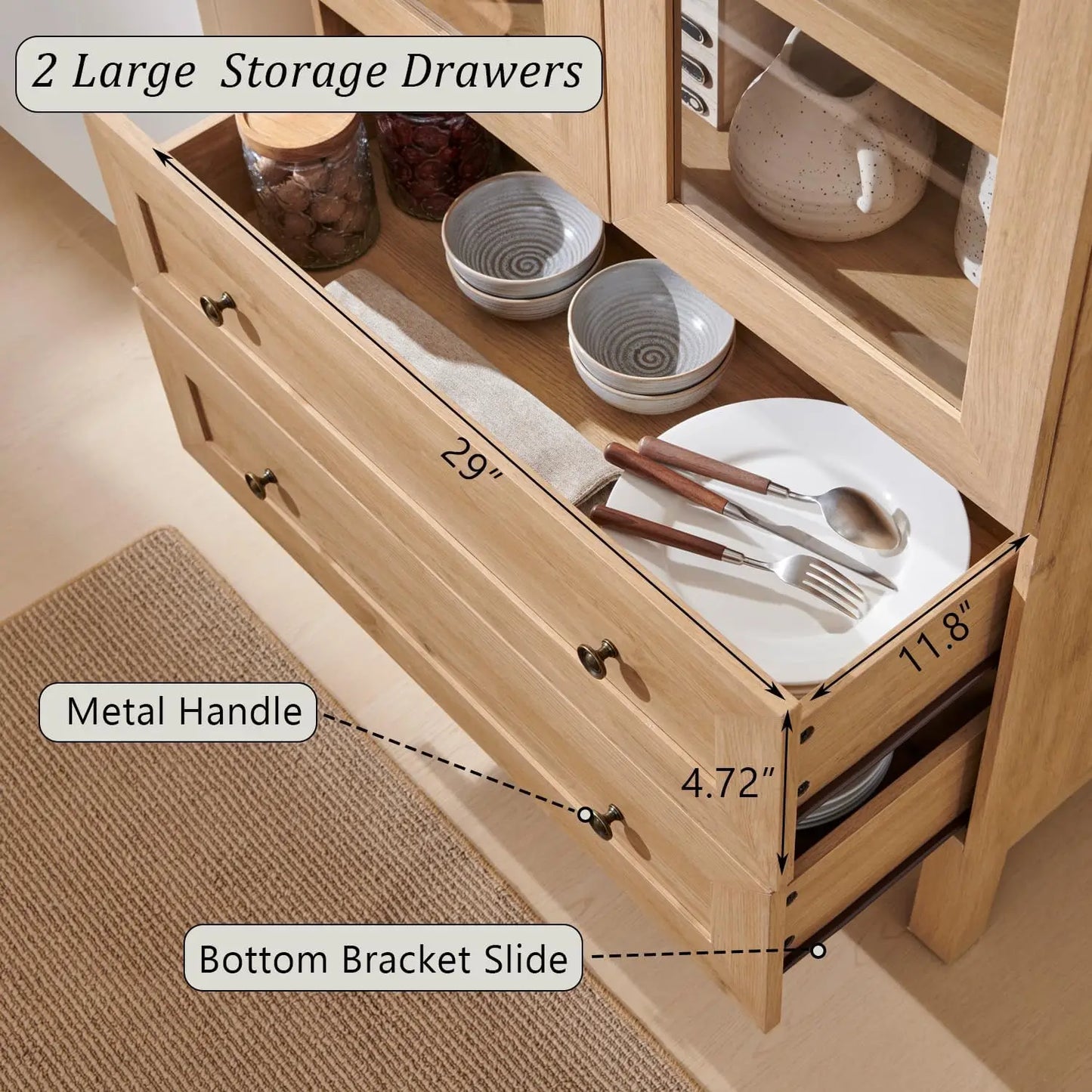 Wood Kitchen Storage Cabinets with 2 Large Drawers and Adjustable Shelves, Modern Farmhouse Versatile Cupboard for Kitchen
