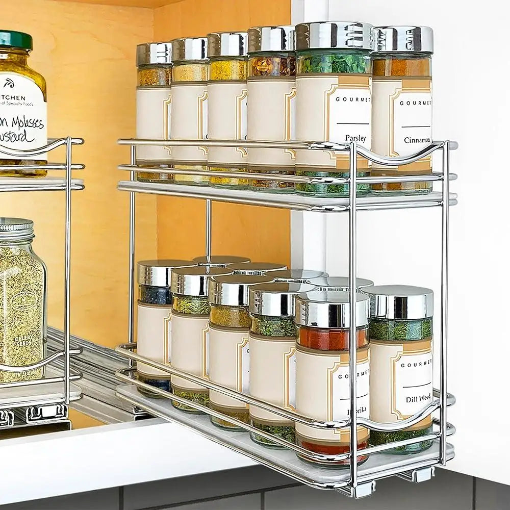 Pull Out Spice Rack Organizer Slide Out Drawer Kitchen Cabinets Heavy Duty Chrome Easy Mount Rust Resistant Storage Solution