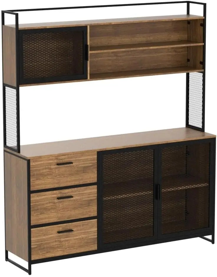Modern Wood Sideboard Buffet Storage Cabinet with Hutch, 3 Metal Mesh Doors, 3 Drawers & Shelves, Kitchen Pantry