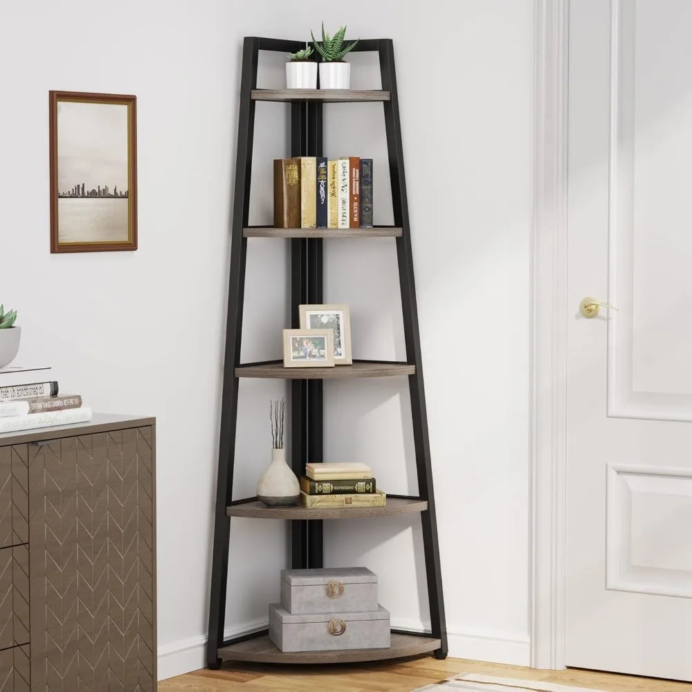 5 Tier Industrial Corner Bookshelf Bookcase Industrial Corner Ladder Shelf Plant Stand for Living Room, Kitchen, Home Office