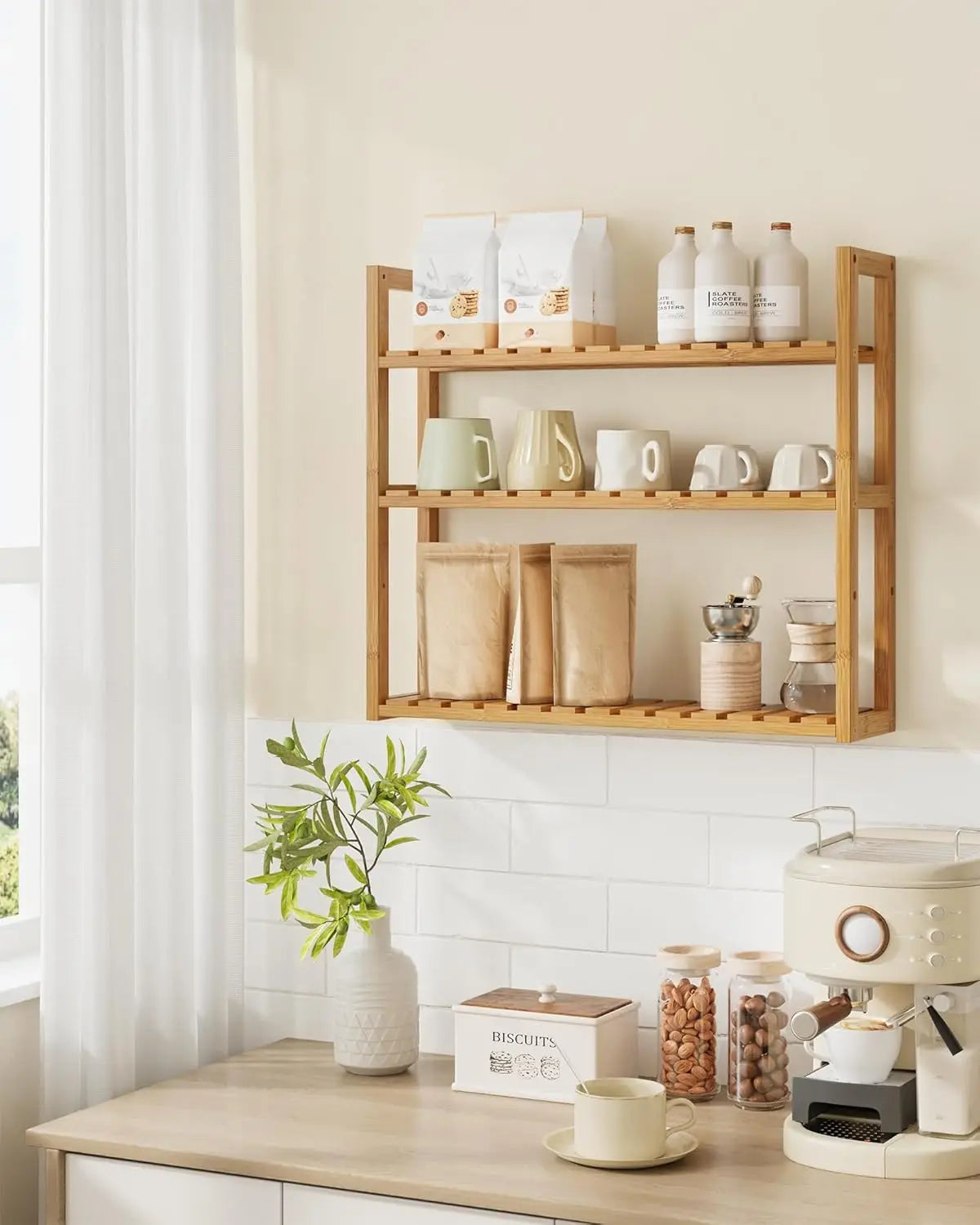 Bamboo Bathroom Shelf, 3-Tier Adjustable Plants Rack, Wall-Mounted or Stand, in the Living Room, Balcony, Kitchen