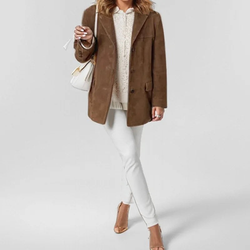 2025 Casual Brown Lapel Pocket Suede Leather Jacket Fashion Woman Single Button Long Sleeve Crop Coat Lady Autumn Street Outwear