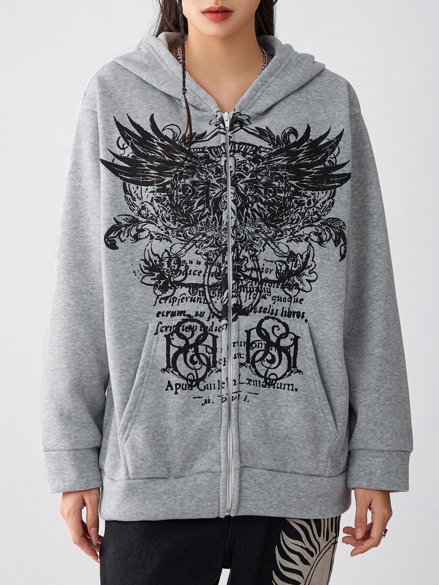 Women s Full Zip Hoodies Vintage Wings Print Long Sleeve Oversized Sweatshirts Grunge Jackets