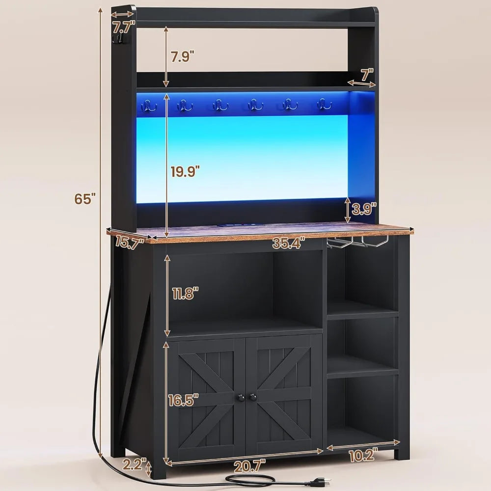 35.4 inch Coffee Bar Cabinet, Bakers Rack with Power Outlet and Storage, LED Lights, Wine Glass Holder and 8 Hooks,