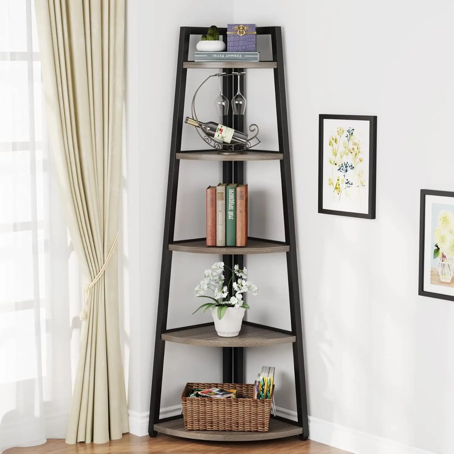 5 Tier Industrial Corner Bookshelf Bookcase Industrial Corner Ladder Shelf Plant Stand for Living Room, Kitchen, Home Office