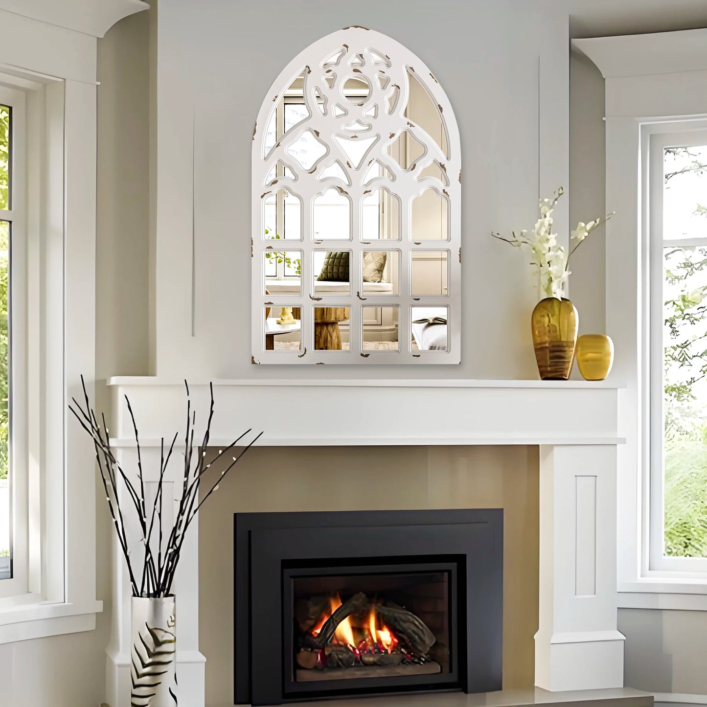 Arched Window Mirror, Big Wall Mirrors Decorative with Wood Framed,Large Retro Farmhouse Mirrors for Kitchen Entryway LivingRoom